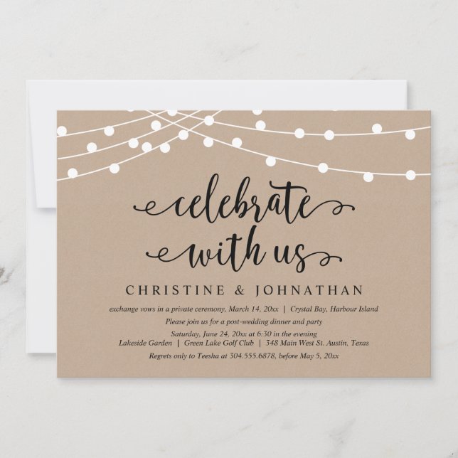 Invitación Luces de Cuerda Rústicas, Celebra con nosotros, Fu (Anverso)