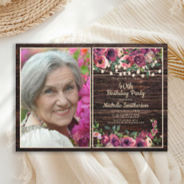 Invitación Luces de Cuerda Rústicas Cumpleaños Floral Rosa Fo