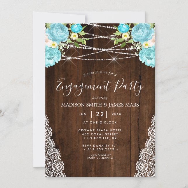 Invitación Luces de Cuerda Rústicas de Aqua Mint para Comprom (Anverso)