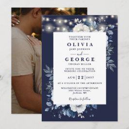 Invitación Luces de Cuerda Rústicas de Azul Marino para Boda 