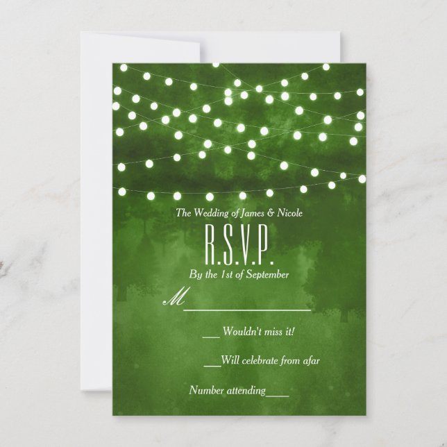 Invitación Luces de Cuerda Rústicas de Bosque Verde para Boda (Anverso)