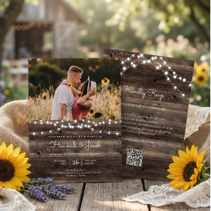 Invitación Luces de Cuerda Rústicas de Madera para Bodas con 