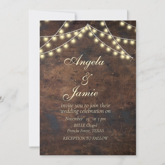 Invitación luces de cuerda rústicas elegante WEDDING (Anverso)