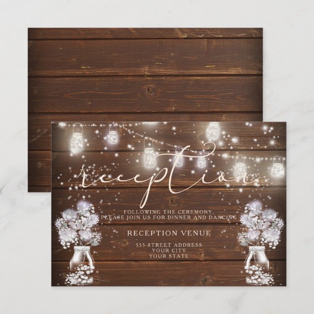 Invitación Luces de Cuerda Rústicas en Frascos de Mason la No (Anverso / Reverso)