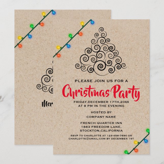 Invitación Luces de Cuerda Rústicas Fiesta de Navidad Corpora (Anverso / Reverso)