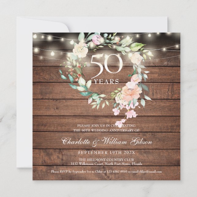 Invitación Luces de Cuerda Rústicas Florales 50 Aniversario (Anverso)