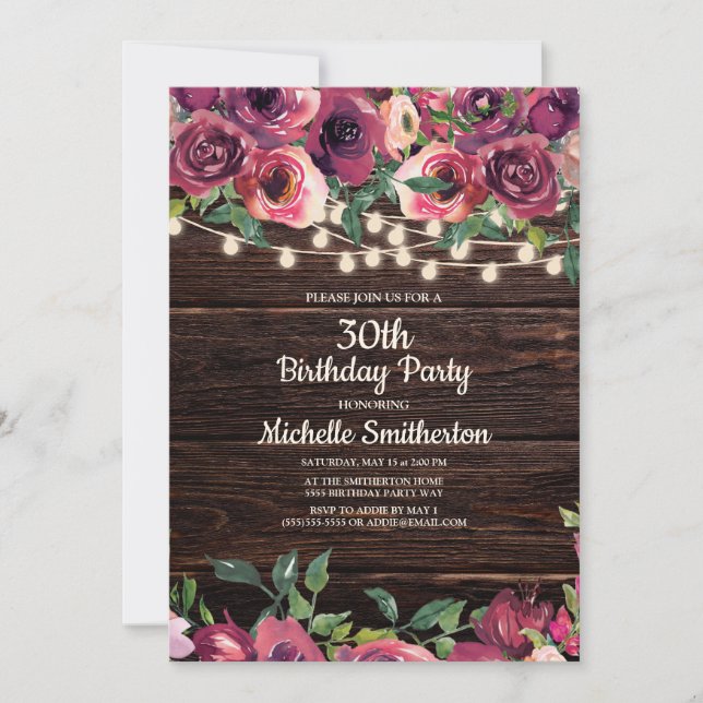 Invitación Luces de Cuerda Rústicas Florales Moradas Cumpleañ (Anverso)