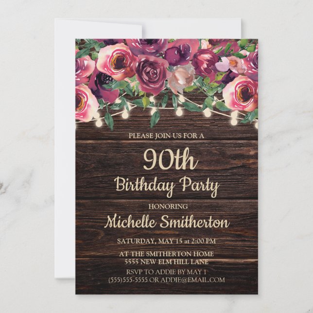 Invitación Luces de Cuerda Rústicas Florales Moradas Cumpleañ (Anverso)