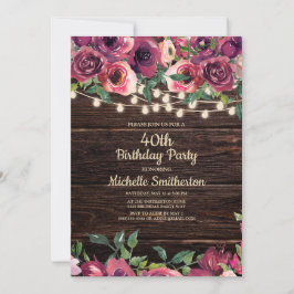 Invitación Luces de Cuerda Rústicas Florales Moradas Cumpleañ