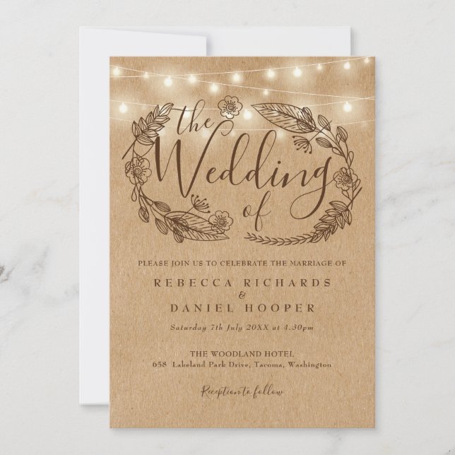 Invitación Luces de Cuerda Rústicas Florales para Boda (Anverso)