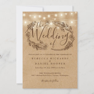 Invitación Luces de Cuerda Rústicas Florales para Boda