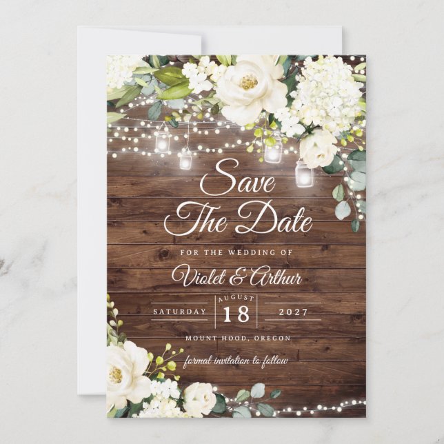 Invitación Luces de Cuerda Rústicas Florales para Boda Save T (Anverso)