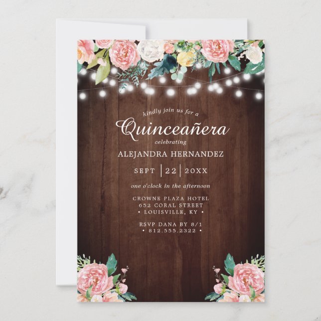Invitación Luces de Cuerda Rústicas Flores Rosadas Quinceañer (Anverso)