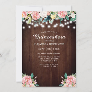 Invitación Luces de Cuerda Rústicas Flores Rosadas Quinceañer