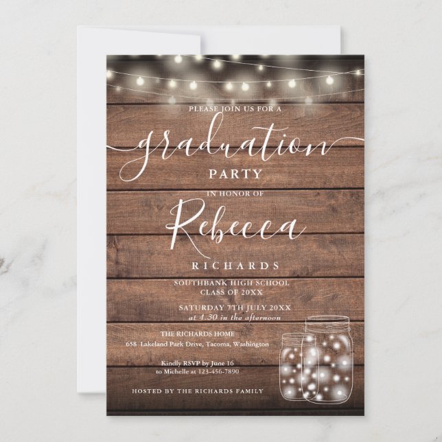 Invitación Luces de Cuerda Rústicas Frascos de Mason Graduaci (Anverso)