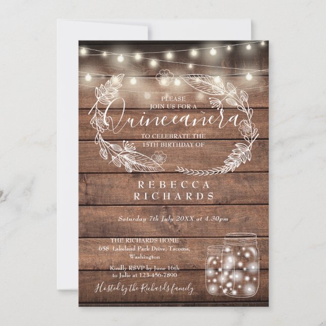 Invitación Luces de Cuerda Rústicas Frascos de Mason Quinceañ (Anverso)