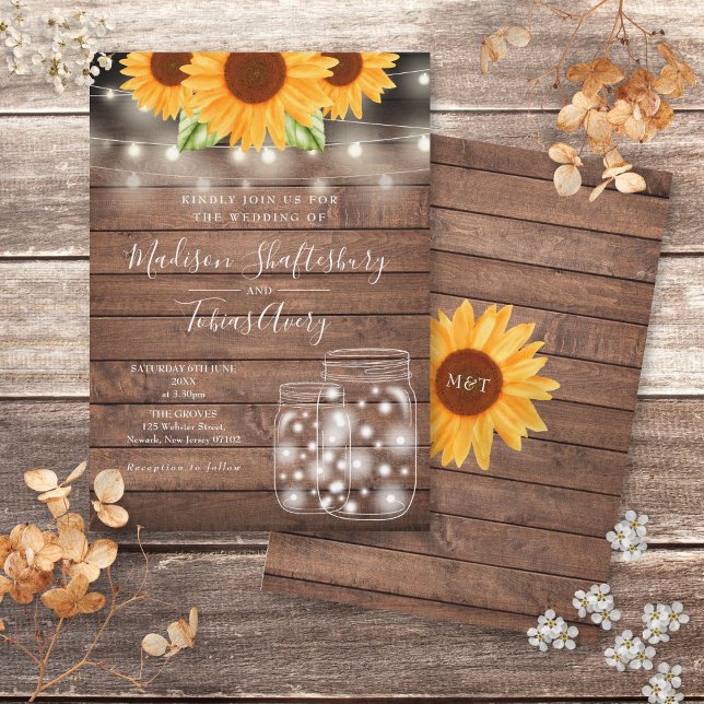Invitación Luces de Cuerda Rústicas Lámparas de Tarro Girasol (Rustic String Lights Mason Jar Sunflowers Wedding Invitation)