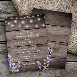 Invitación Luces de Cuerda Rústicas Lila Código QR Boda