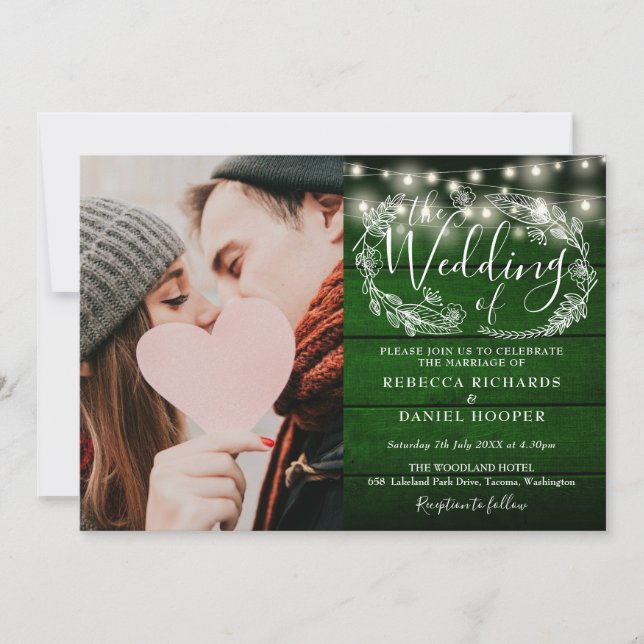 Invitación Luces de Cuerda Rústicas Madera Verde Foto Boda (Anverso)
