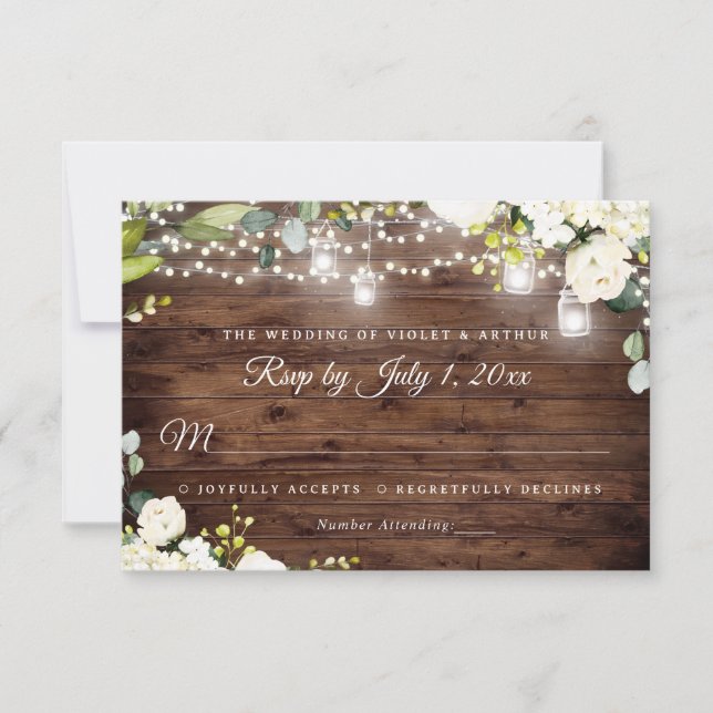 Invitación Luces de Cuerda Rústicas para Bodas Florales RSVP (Anverso)
