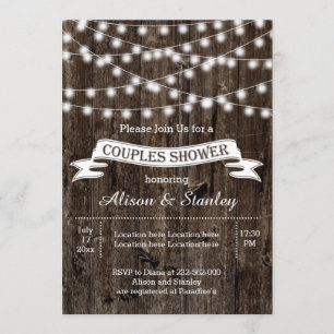 Invitación Luces de cuerda rústicas parejas de boda de madera