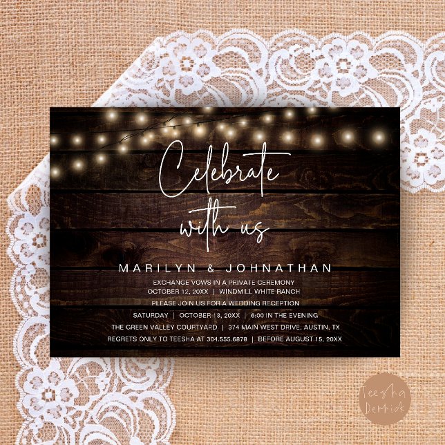 Invitación Luces de Cuerda Rústicas Recepción de Boda Elegant (Rustic String Lights Wedding Reception Elegant Invitation Card in Dark Wood Theme)
