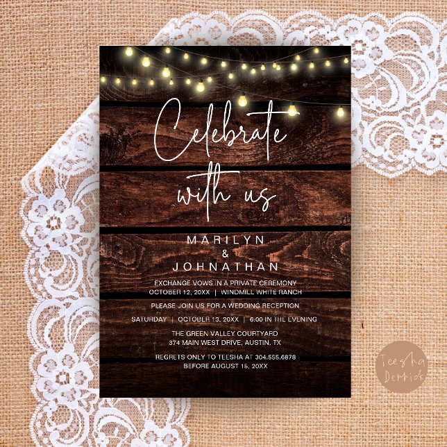 Invitación Luces de Cuerda Rústicas Recepción de Boda Elegant (Rustic String Lights Wedding Reception Dinner Party Elegant Invitation Card in Dark Brown Wood)