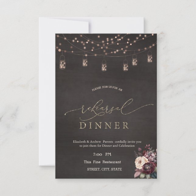 Invitación Luces de Cuerda Rústicas Rosas Cena de Ensayo  (Anverso)