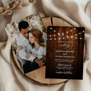 Invitación Luces de Cuerda Rústicas y Boda de Fotos de Madera