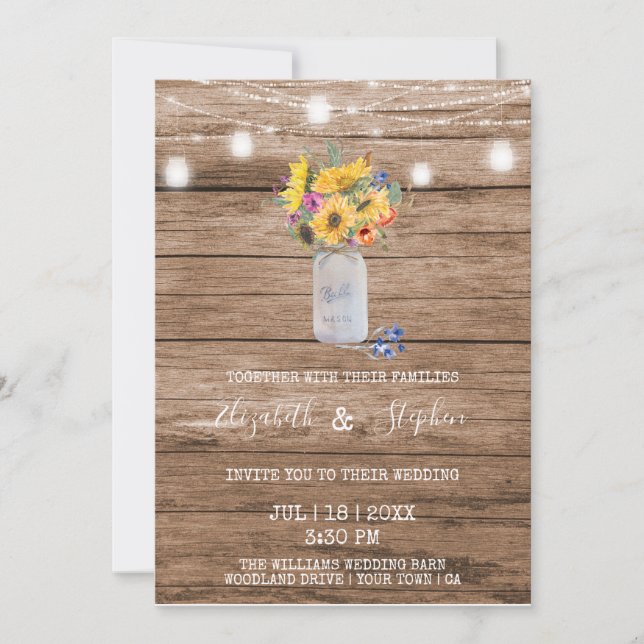 Invitación Luces de Cuerda Rústicas y Bodas de Frasco de Maso (Anverso)