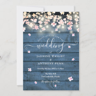 Invitación Luces de Cuerda Rústico Azul Flor de Boda Madera