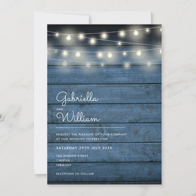 Invitación Luces de Cuerda Rústico Madera Azul Marino Boda (Anverso)