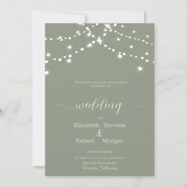 Invitación Luces de Cuerda Simples Bodas Verde Salvia (Anverso)