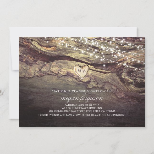 Invitación Luces de cuerda talladas Corazón Rústico Ducha Bri (Anverso)