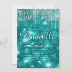 Invitación Luces de Cuerda Turquesa Bokeh Sweet 16