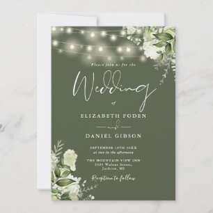 Invitación Luces de Cuerda Verde Oliva Monograma Floral Boda