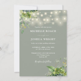 Invitación Luces de Cuerda Verde QR Code Boda Verde Salvia