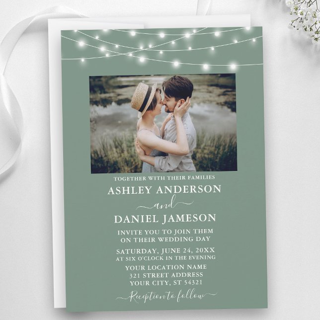 Invitación Luces de Cuerda Verde Sage Modernas Foto Boda (Customize to add more text to back of card.)