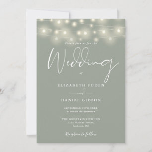 Invitación Luces de Cuerda Verde Salvia Código QR Boda