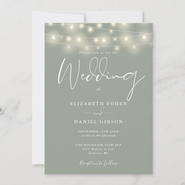 Invitación Luces de Cuerda Verde Salvia Código QR Boda (Anverso)