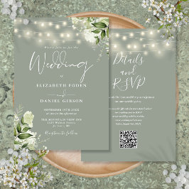 Invitación Luces de Cuerda Verde Salvia Código QR Floral Boda