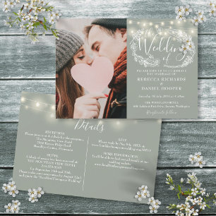 Invitación Luces de Cuerda Verde Salvia Foto Boda Todo en Uno
