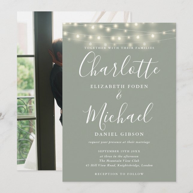 Invitación Luces de Cuerda Verde Salvia Script Foto Boda  (Anverso / Reverso)