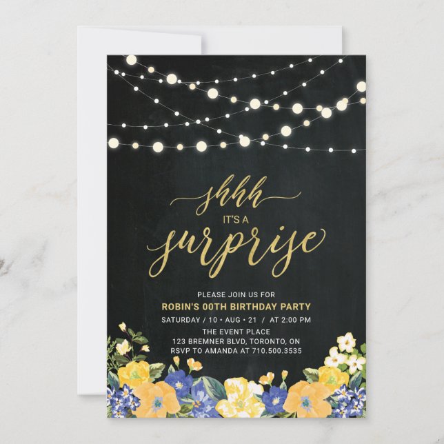 Invitación Luces de Cuerda y Fiesta de Cumpleaños Sorpresa en (Anverso)