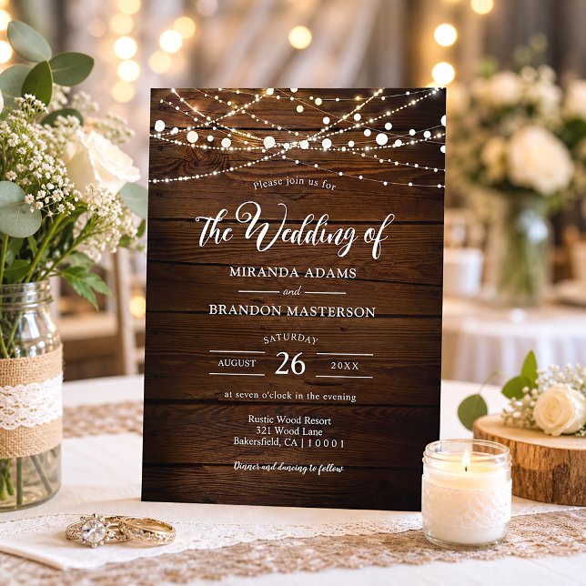 Invitación Luces de Cuerda y Madera Rústica para una Boda Sim (Subido por el creador)
