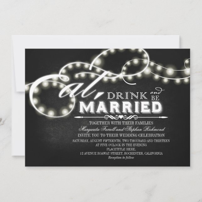 Invitación Luces de cuerdas comen, beben y se casan con Boda (Anverso)