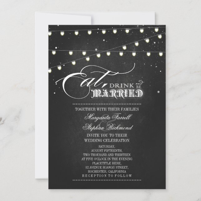 Invitación Luces de cuerdas comen, beben y se casan con Boda (Anverso)