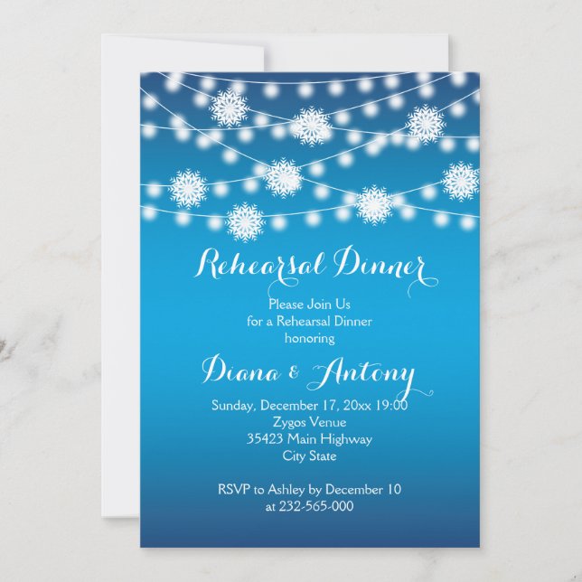 Invitación Luces de cuerdas, copos de nieve boda ensayo cena (Anverso)