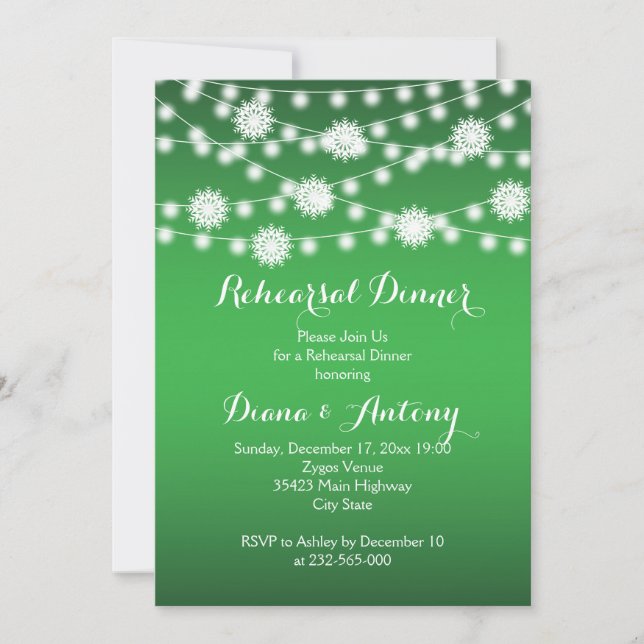 Invitación Luces de cuerdas, copos de nieve boda ensayo cena (Anverso)