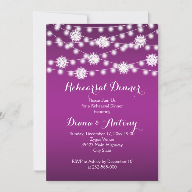Invitación Luces de cuerdas, copos de nieve boda ensayo cena (Anverso)